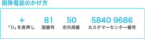 「0」を長押し+国番号81市外局番50カスタマーセンター番号58409686