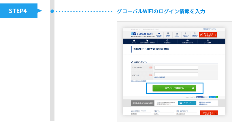 STEP4 グローバルWiFiのログイン情報を入力
